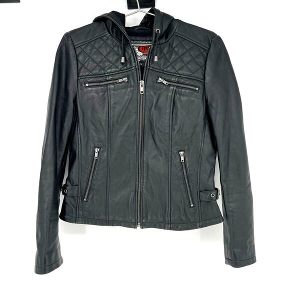 First Classics Black Leather Quilted Hooded Biker Jacket - Picture 1 of 10